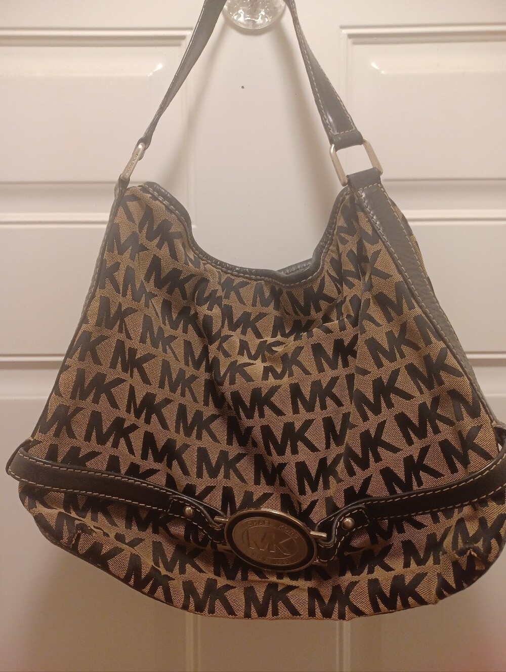 Michael Kors Tan and Black MK Logo Hobo Shoulder Bag
